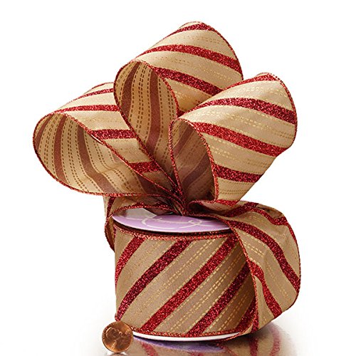 Image of Red Glitter Striped Christmas Ribbon - 2 1 /2 inch x 10 Yards, Gold Accents, Gift Wrapping, Wreath Decoration, Garland, Tree Topper Bow, Boxing Day, Arts and Crafts