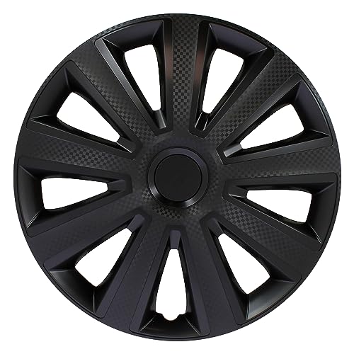 S SUMEX Juego de 4 Tapacubos de 14 Pulgadas Diseño Kentucky Carbon Black, Acabado en Negro y ABS Resistente a Fuertes Impactos, Duradero y Fiable con Anillo de sujeción Ajustable