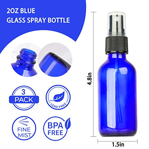 3 Pack 2oz 60 ml Blue Glass Spray Bottles with Fine Mist Sprayer & Dust Cap for Essential Oils, Perfumes,Cleaning Products.Included 1 Brush,3 Extra Sprayers,2 Funnels,2 Droppers & 6 Labels.