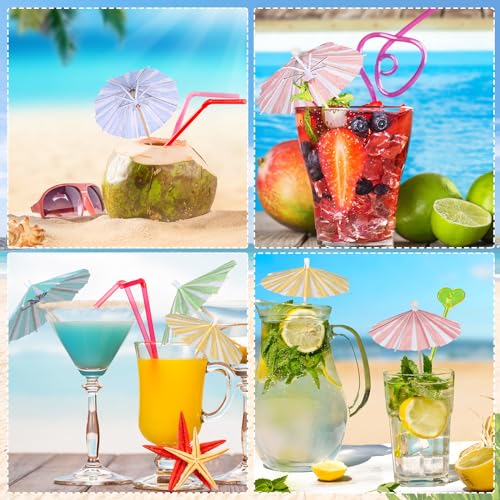 Cunhill 150 Pcs Drink Umbrellas Cocktail Picks Vertical Stripes Style Mini Umbrella for Drink Paper Parasol Cocktail Stick with Wood Toothpick for Summer Hawaiian Party Decor Cupcake Topper(5 Color) - Thumbnail 5
