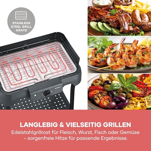 Severin Elektrogrill mit Standfuß, einstellbare Temperatur 35-200 Grad Celsius, schnelles Aufheizen, 38x22cm, Tischgrill mit Auffangschale, Edelstahl-Grillrost, Balkongrill, 2000W, schwarz, PG 8594 – Bild 5