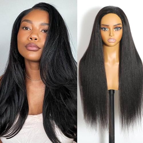 WOWANGEL Yaki Straight Half Wig Human Hair Natural Black (1B#) 16 inch