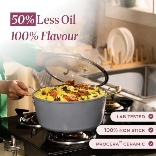 Image of Asai Ceramic Dutch Oven 24cm (4L) with Glass Lid & Silicone Spatula | Grey | Procera Swiss Ceramic Non-Stick Coating | Induction, Gas & Electric Compatible | Stay-Cool Handles | Lab Tested