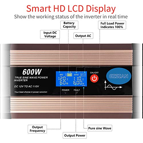 GISIAN 600Watt Pure Sine Wave Power Inverter 12V DC to 110V AC with LCD Display, Dual USB Ports and 2 AC Outlets, Perfect for CPAP RV Car Solar System Emergency