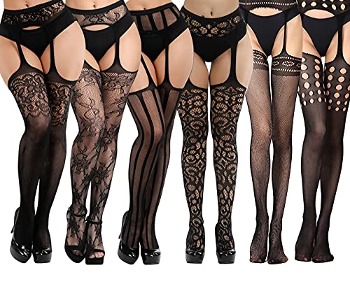 DRESHOW 6 Pares Mujeres Sexy Elástico Medias de Rejilla Lencería Liguero Muslo Panti Medias de Liga