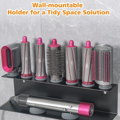 Image of Accessories Holder compatible with Dyson Airwrap Styler - Stylish Organizer Rack Stand, Space-Saving Design - Wall Mount /Countertop - Carbon Steel, Easy Installation (7 Slots, Black)