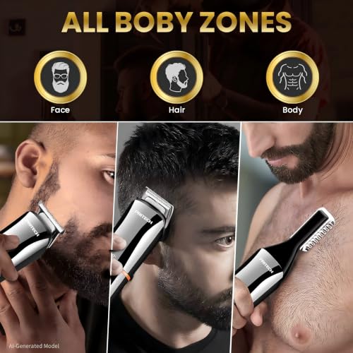 Image of PRITECH Beard Trimmer for Men, 6 in 1 Beard Trimmer Kit, Electric Beard Trimmer with Hair, Precision, Body, Nose, Foil Razor, Grooming Kit Waterproof IPX6 (Silver)