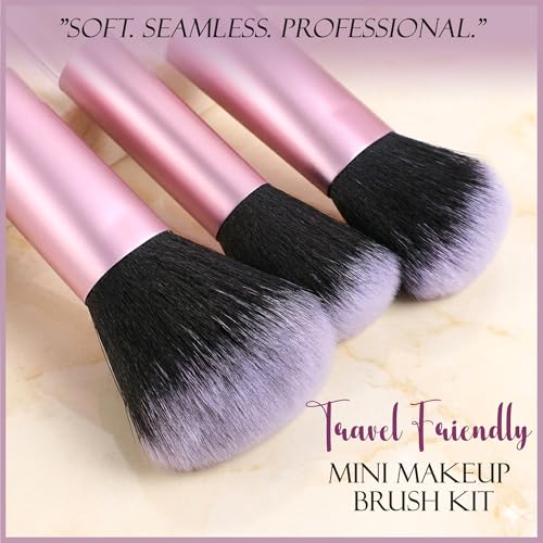 Image of GLUN 10in1 Diff Use Mini Makeup Brush Set, Travel Transparent Pink Professional Brushes for Foundation, Concealer, Blush, Highlighter & Eye Makeup