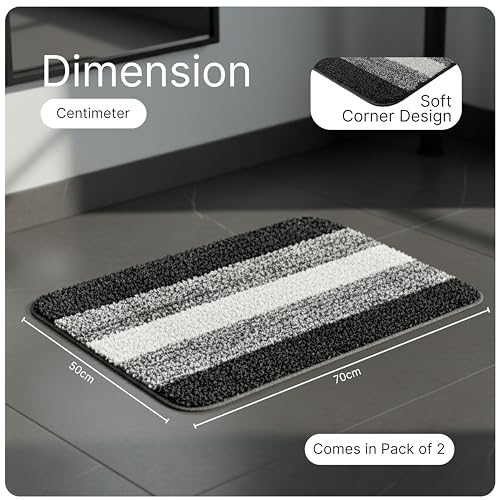 Image of SARAL HOME EASY LIVING Microfiber Striped Rectangle Shaped Anti-Skid Bath Mats Soft & Super Absorbent Mats for Shower Washable,Non-Slip & Quick-Drying Mats,50X70cm Pack of 2(Black)