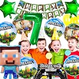 YianHien Minecraft Decoración de Cumpleaños para Niños de 7 Años, Conjunto de Globos Pixel con Banner, Tema de Fiesta de Jugador Minero, Cumpleaños con Globos de Aluminio para Niños, 12 Piezas