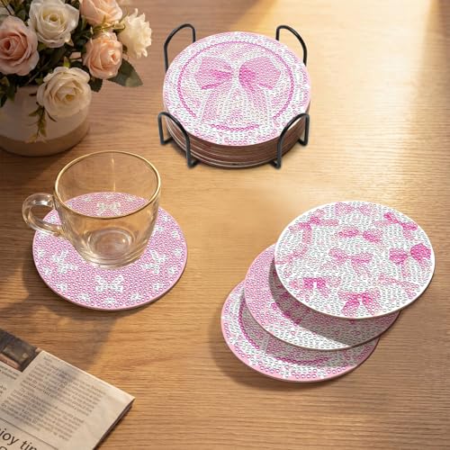 8-teiliges Set rosa Schleifen-Diamant-Untersetzer, DIY-Diamant-Untersetzer-Set für Büro, Zuhause und Küche, Untersetzer mit Schleifen und Diamanten zum Selbermachen