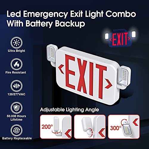 SITISFI Led Combo Emergency Exit Sign Light with Two Adjustable Head Lights and Backup Battery Exit Light,US Standard Red Letter Commercial Emergency Exit Lighting,UL 924,AC120/277V (2Pack) - Thumbnail 2