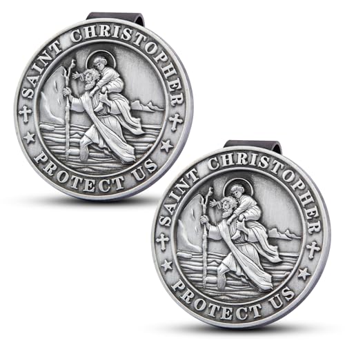 2PCS St Christopher Medal for Car Saint Christopher Medal Guardian Angel visor Clip Catholic Gifts Visor Clips for Cars Gifts for Friends Loved Ones and New Drivers