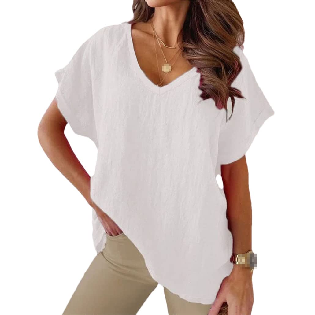 keusyoi Sommer Baumwolle T-Shirt Khaki Kurzarm Tops für Frauen Einfarbig Lose V-Ausschnitt Weiß Shirts