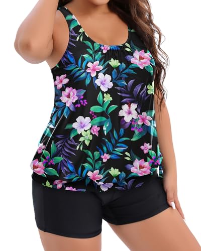 Holipick Floral Women Plus Size Tankini Swimsuit - Two Piece Bathing Suits Tummy Control Blouson Tankini Top with Boy Shorts 18W4