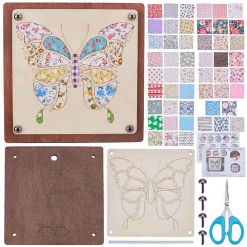 INFUNLY DIY Butterflies Fabric Wood Art Kit 6.7"×6.7" Butterfly Walnut Art Kit with Quilting Fabric Wooden Craft Kit with Instructions Insect Pattern Poke-in Art Kits for DIY Crafts Birthday Gifts