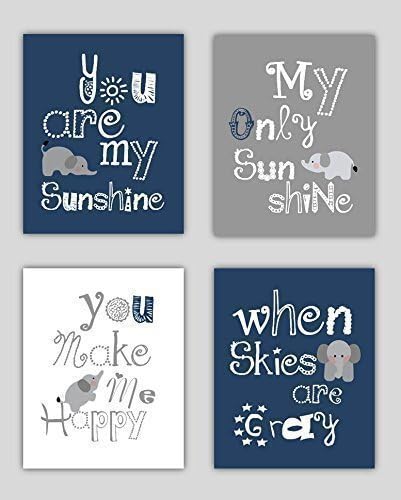 Elephant Art, You are my sunshine Navy Blue and Gray Art Prints, Navy Nursery Decor, Navy Blue Nursery Wall Art, 4-8x10 PRINTS ONLY, Unframed. (NOT CANVAS)