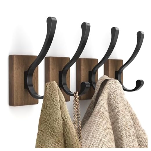 bussdis Wood Wall Hooks for Hanging - 4 Pack Coat Hooks Wall Mounted, Wooden Rustic Farmhouse Heavy Duty Towel Hooks, Wall Hooks for Hanging Coats, Towel, Hat, Keys, Purse, Bag and Robe