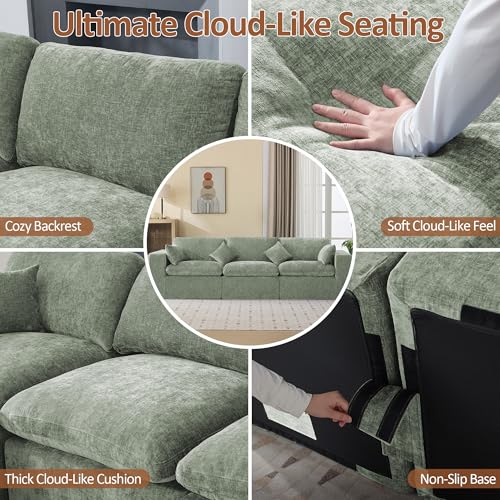 Image of 115''Cloud Boneless Sectional Couch, Modular Sectional Sofa Deep Seat, Oversized Upholstered Convertible Comfy 3 Seater Chenille Memory Foam Sofa Couches for Living Room, Green