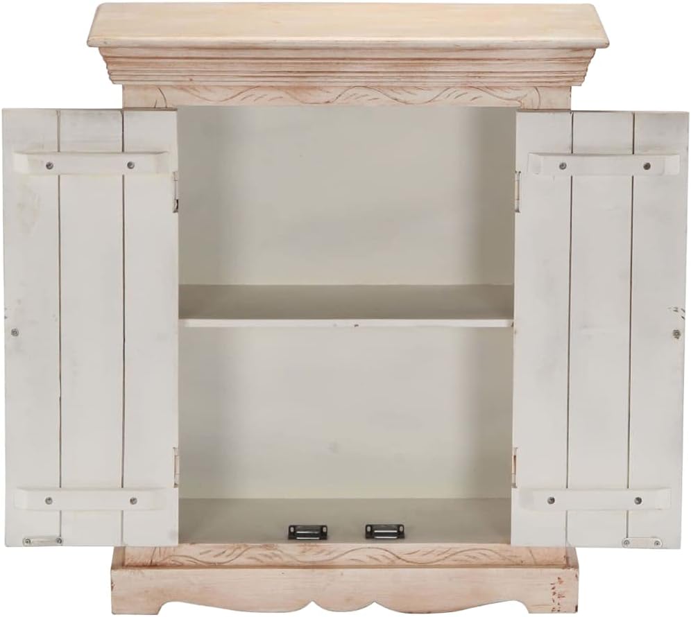 Modern Rustic Mango Wood Sideboard Cabinet, 25.6" x 11.8" x 29.5", Beige, Entryway, 2 Doors, 2 Shelves