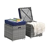 Patiorama 2 Piece Outdoor Patio Ottomans,All-Weather Grey PE Rattan Wicker Ottoman with Storage,Outdoor Footrest Footstool Seat w/Thick Cushion,Built-in Handle for Backyard Poolside Porch (Navy Blue)