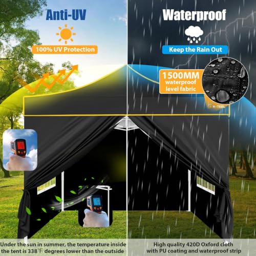 Image of HOTEEL 10x10 Pop up Canopy Tent for Parties, Heavy Duty Easy Setup Tent with 4 Sidewalls, Outdoor Commercial Instant Gazebo for Wedding Event, with Portable Bag & Sand Bags, Black(Hexagonal Frame)