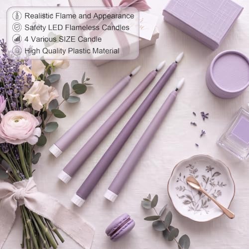 Image of Rossesay 24 Pcs Flameless LED Taper Candles Battery Operated Candles 8.5 inch, 9.65 inch, 10.8 inch, 12.8 inch Flameless Candlesticks Flickering for Christmas Church Wedding(Classic, Purple-B)