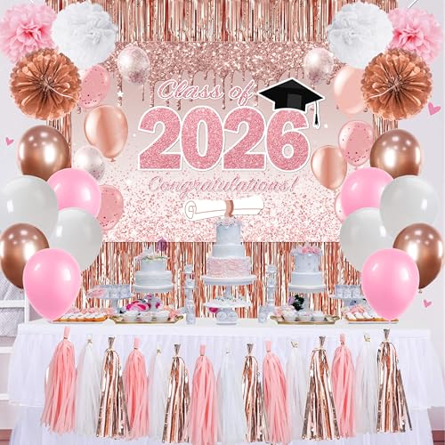 Pink Graduation Decorations Class of 2026 Rose Gold 2026 Graduation Party Decorations Class of 2026 Paper Pompoms Paper Tassels Backdrop and Balloons for Class of 2026 Party Supplies