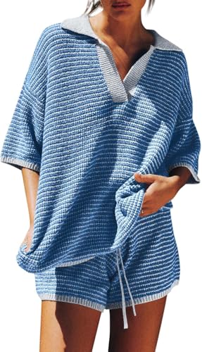 Image of Tankaneo Womens Sweater Set 2 Piece Outfits Oversized 3 /4 Sleeve V Neck Knit Tops High Waisted Shorts Lounge Sets