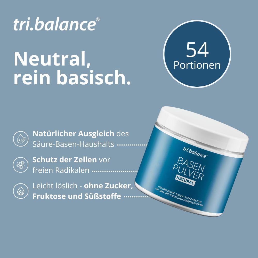 tri.balance Basenpulver NATURAL 4er-Pack 1200 g – ohne Aroma & Süße, vegan | Mit Zink für den normalen Säure-Basen-Stoffwechsel, ohne Zucker und Fruktose, natürlich-mineralisch, ca. 216 Portionen