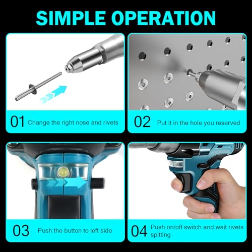 ZUYIYI Cordless Rivet Gun Tool Compatible with Makita 18V Battery(No Battery), Electric Automatic Pop Rivet Gun, Brushless Blind Riveter Kit for 3/32\", 1/8\", 5/32\", 3/16\"