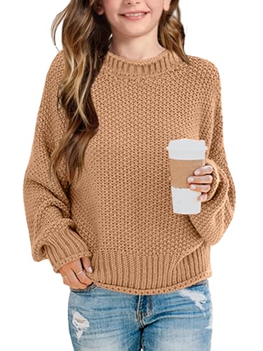 Girls Crew Neck Sweaters 2026 Fall Winter Teen Tops Cozy Knit Trendy Kids Long Sleeve Cute Shirts Casual Outfits Khaki