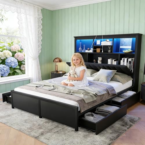 JIJIWANG Queen Size Platform Bed Frame with Tall Storage Headboard