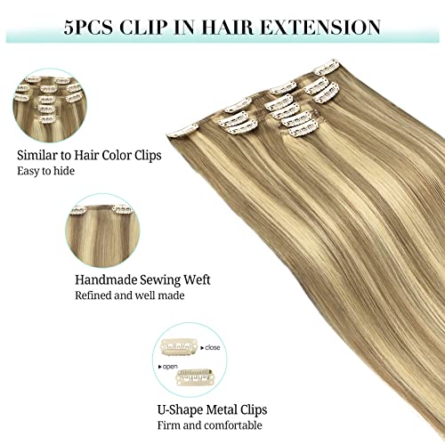 Image of DOORES Human Hair Extensions Clip in, 5pcs 75g Balayage Light Blonde Highlighted Golden Blonde 16 Inch Clip in Hair Extensions Natural Hair Extensions Straight