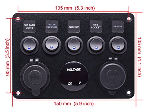 Cllena Dual Usb Socket Charger 2.1A&2.1A + Led Voltmeter + 12V Power Outlet + 5 Gang On-Off Toggle Switch Multi-Functions Panel For Car Boat Marine Rv Truck Camper Vehicles Gps Mobiles (Blue) #TOP2