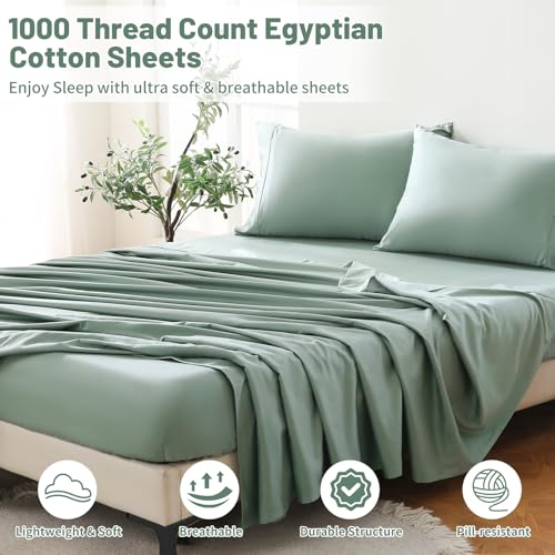 MEISHANG 1000 Thread Count Egyptian Cotton Sheets Queen - 100% Egyptian Cotton Sheet Set, Sateen Weave, Soft & Breathable, 16" Deep Pockets - 4 Piece (Queen, Sage Green)