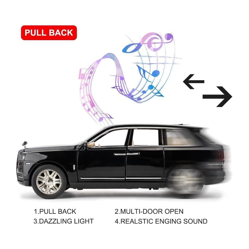 Image of Kids Model 1:32 RR Cullinan Masory Die Cast Metal Car Pull Back Action Opening Doors with Realistic Engine Sound Lights Toy Car Gift for Boys - Black