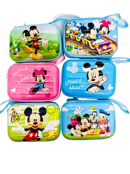 ExcluZiva Gallery Pack Of 6 Double Sided Rectangular Multicolour Cartoon Mickey Minnie Mouse Disney Hello Kitty Unicorn Smiley Flamingo Tin Pouch with Chain Holder Bag Holder MultiPurpose Coin Pouch Purse Wallet Zipper Pocket Coin Pouch for Earphone, Coins Memory Card Pen Drive Jewellery Purse kids Kanjak Birthday Return Gift (Random Design)