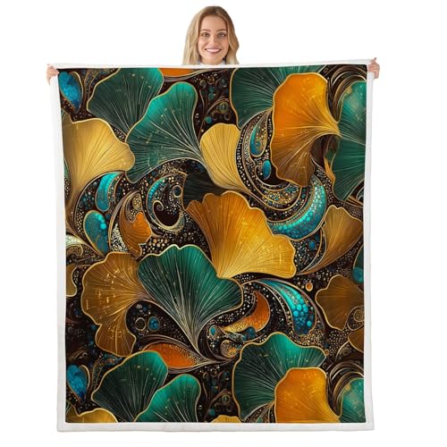 feelingyou Manta de hojas de Ginkgo degradado, verde y amarillo, manta de forro polar para niños, adolescentes y adultos, espirales geométricas, líneas doradas, manta mullida para sofá, 30 x 40
