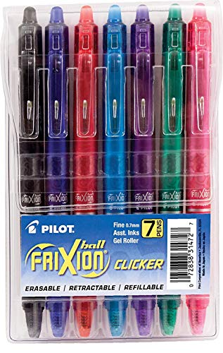 PILOT FriXion Clicker Erasable, Refillable & Retractable Gel Ink Pens, Fine Point, Assorted Color Inks, 7-Pack Pouch (31472) - 2021 Edition
