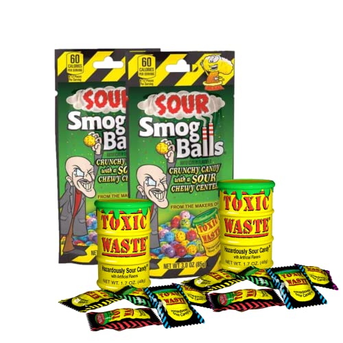 2 Toxic Waste Hazardously Sour Drums (1.7 Oz.) and 2 Bags Smog Balls Candy (3 Oz.) (4 Pack)