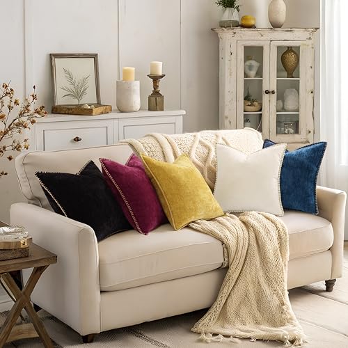 Image of decorUhome Fall Chenille Soft Cozy Throw Pillow Covers 22x22 Set of 2, Modern Farmhouse Boho Velvet Decorative Euro Sham Pillow Cases with Stitched Edge for Couch Sofa Bed Home Decor, Black