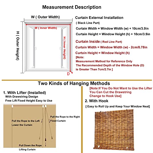 Outdoor Bamboo Blinds For Patio Roll Up Privacy Reed Roman Shades For Porch Light Filtering Sunscreen Roll Up Window Blind W38Xh63In W60Xh72In W72Xh72In Custom Bamboo Blinds Cordless Or With Lifter ( #TOP6
