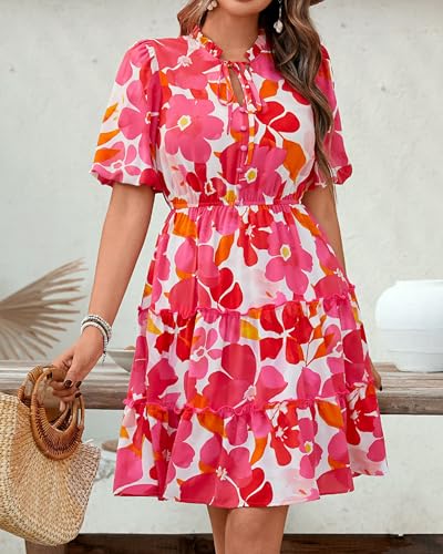 Image of BTFBM Women Summer Floral Short Dresses V Neck Short Sleeve Tiered Ruffle Boho Swing Dress A-Line Mini Dresses