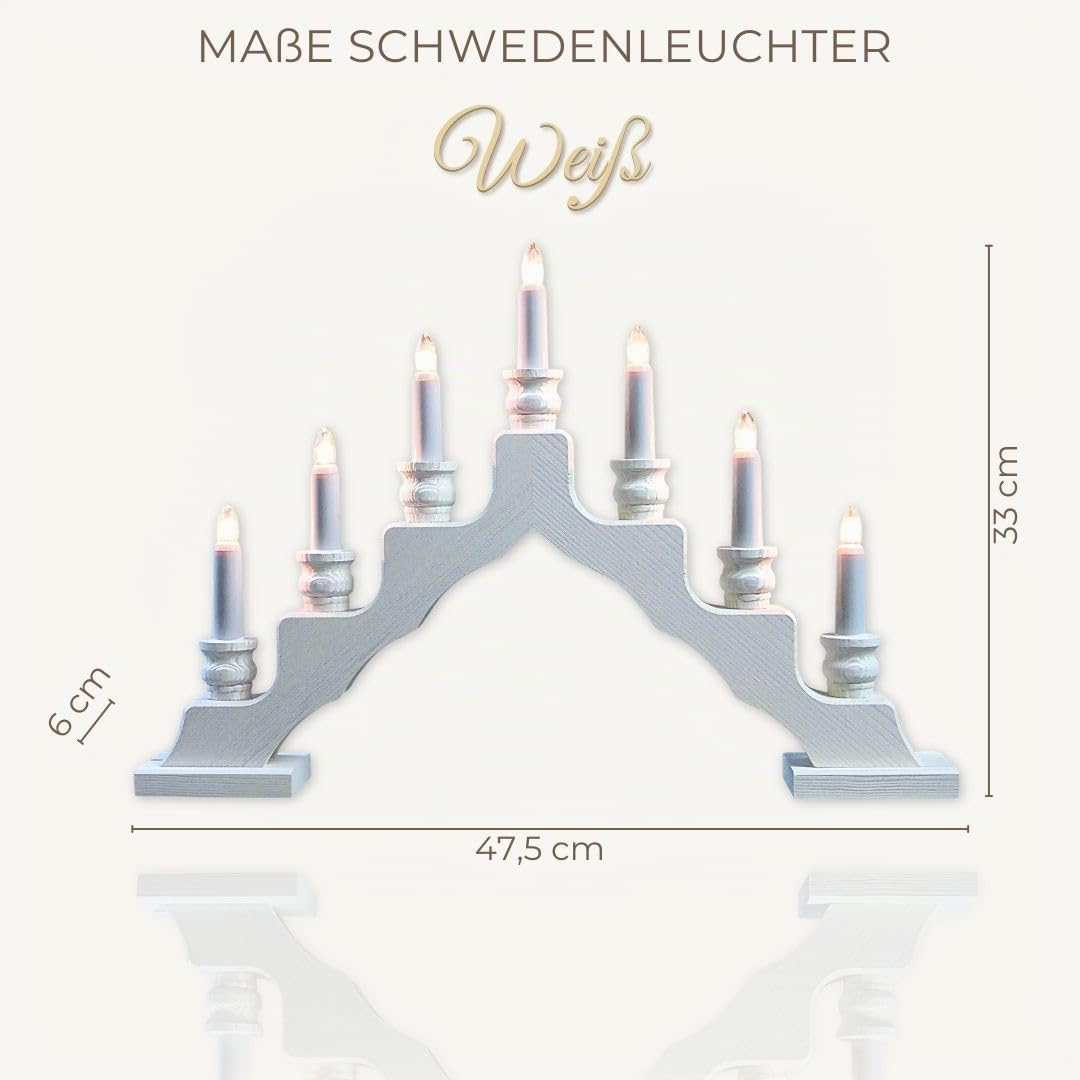 weigla - Schwedenleuchter original Erzgebirge I Trendiger Schwede WEIẞ I LED I Schwibbogen Weihnachten I 7 Lampenkerzen + 1 Ersatzlampe I 7 x 34 V, 0,2 W, E10 I Weihnachtsdeko innen I Kiefernholz