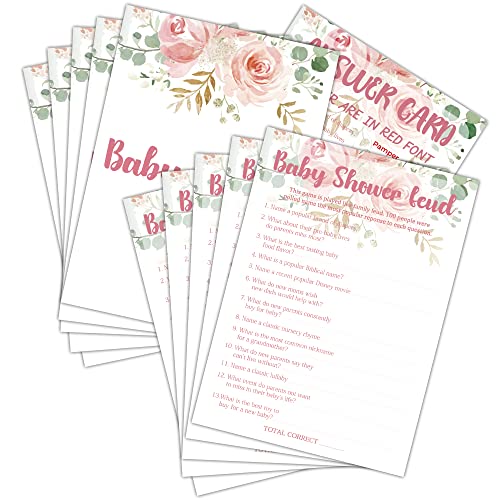 Baby Shower Game Set - Baby Shower Feud Gender Reveal Party Decor Supply - Floral Greenery Baby Shower Games & Activities - Blush Pink Game Pack For Boys and Girls - 30 Game Cards 1 Answer Card(C05)