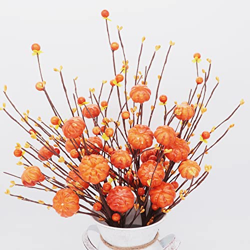 SPWOLFRT Autumn Pumpkin Berry Stems, 4 Pcs Artificial Halloween Pumpkin Berry Picks Thanksgiving Stems for Home Centerpiece Vase Windowsill Decoration Fall Celebration (4, Orange)