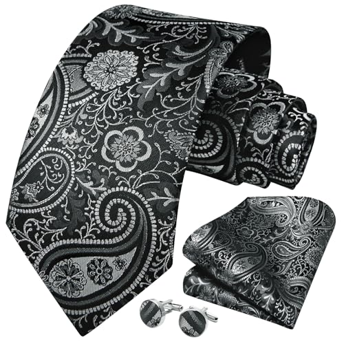 Image of HISDERN Ties for Men Paisley Floral Mens Ties and Pocket Square Cufflinks Set Classic Business Necktie Handkerchief