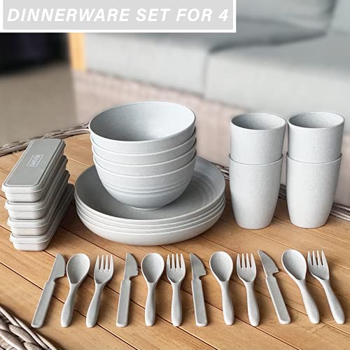 Wheat Straw Dinnerware Sets (28 Pcs) | Unbreakable Dinnerware Sets | Dishwasher Microwave Safe Dinnerware | Eco Friendly Non Breakable Dinnerware Sets | Plates, Bowls, Cups, Cutlery (Grey) #TOP2