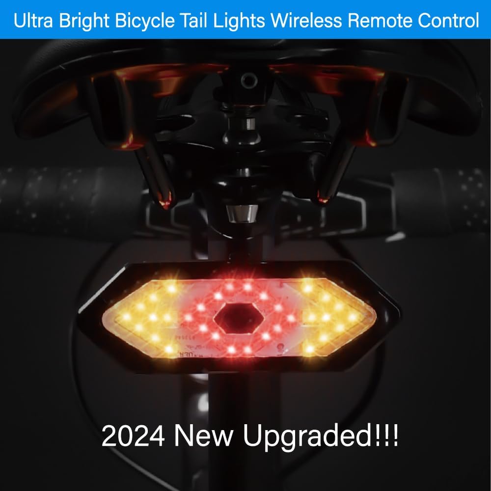 Bike Tail Light with Turn Signals USB Rechargeable Wireless Remote Control IPX4 Waterproof Ultra Bright LED Safety Warning Bike Taillight for Night Riding